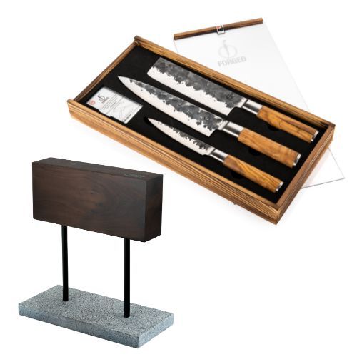 Geschmiedetes Olivenmesserset 3-teilig + Walnuss-Messerblock
